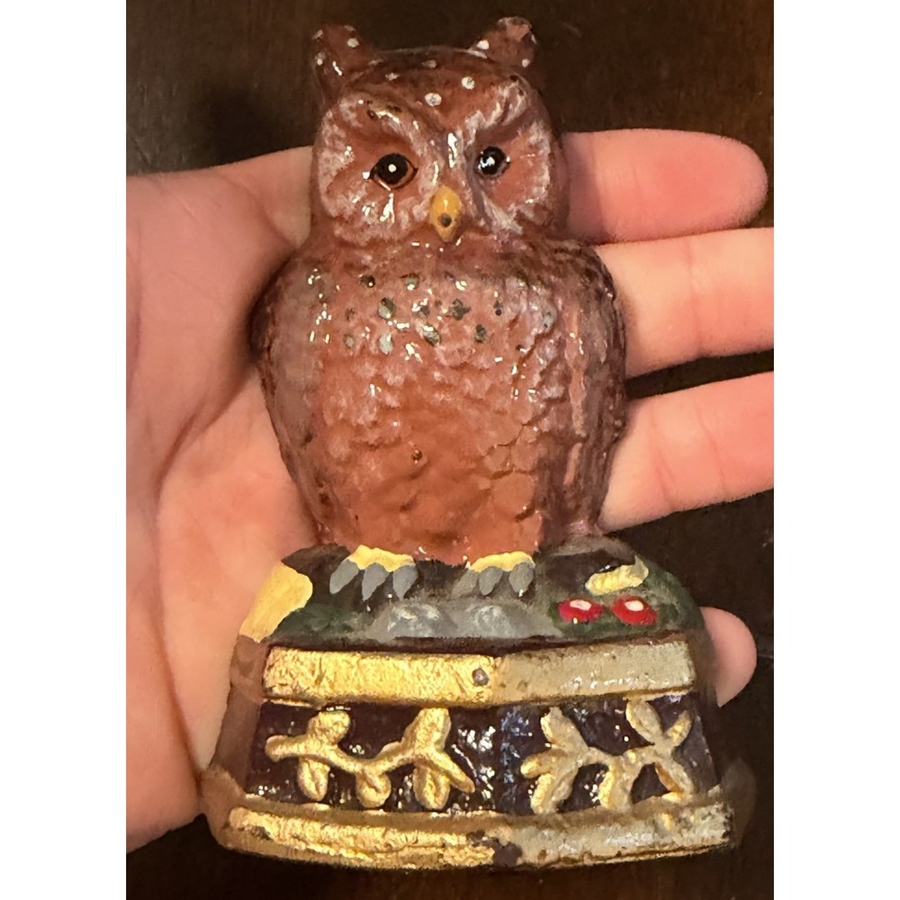 Vintage Cast Iron Owl Doorstop Paperweight Hand Painted Brown Decorative Figure